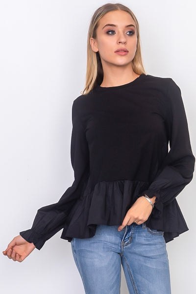 Contrast woven ruffle sleeve round neck top - Jazmine & Yazmine Designer Boutique
