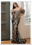 LA Divine By Cinderella Divine J844 Strapless Floral Print Gown With Detachable Puff Sleeves Cinderella Divine
