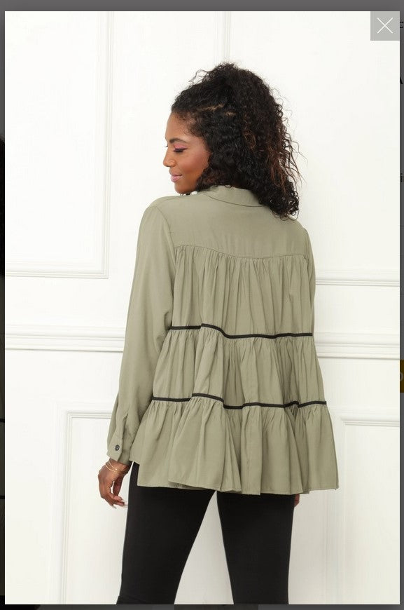 Luxe Moda LM-155   Light Olive tiered Top trimmed in Black Size Color Qty Share: Luxe Moda