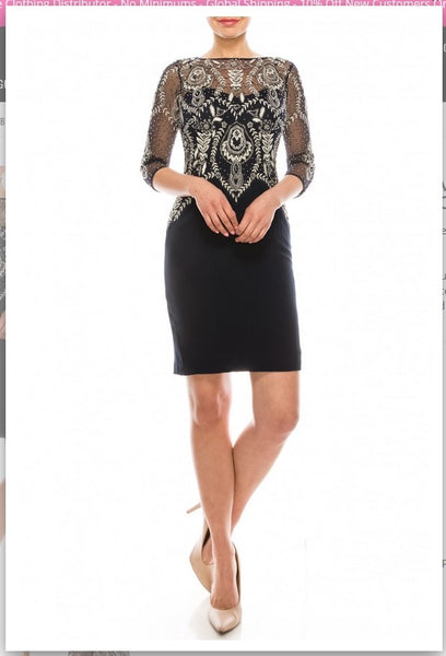 Aidan Mattox MD1E201081 Boat Neck 3/4 Sleeve Zipper Back Embellished Embroidered Mesh Crepe Dress Aidan Mattox