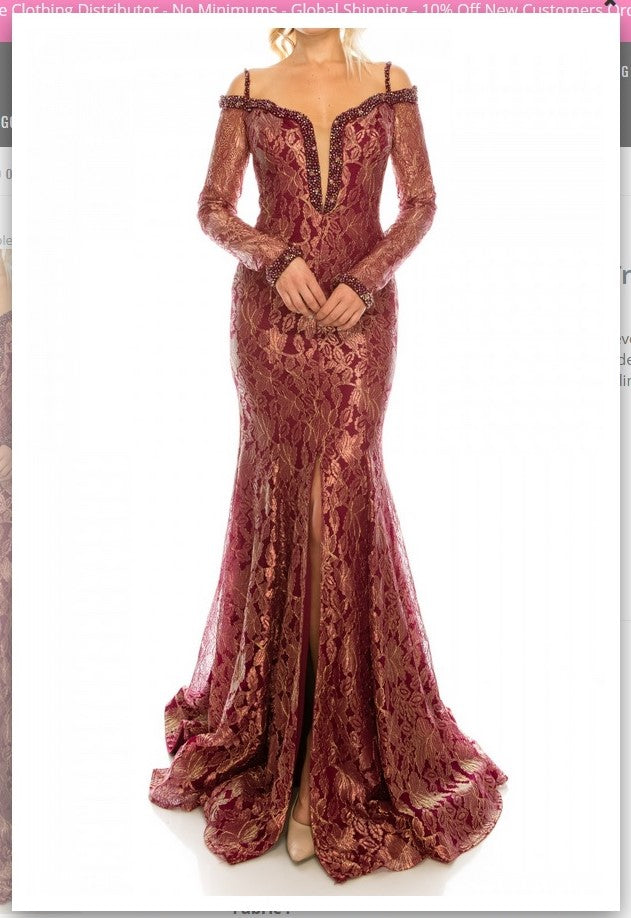 Odrella 1080  Burgundy Metallic Lace Trumpet Evening Dress Odrella