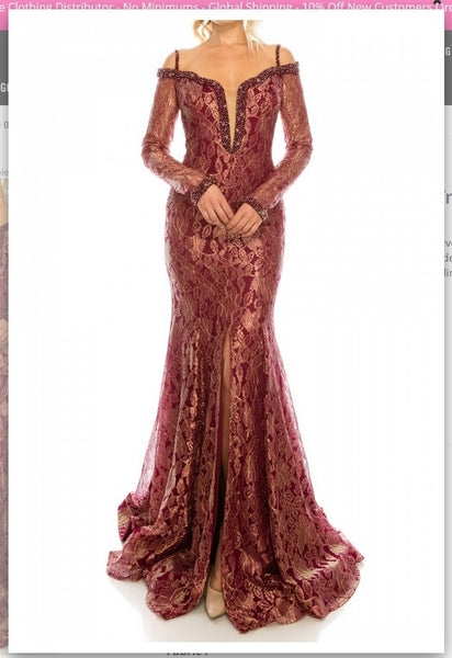 Odrella 1080  Burgundy Metallic Lace Trumpet Evening Dress Odrella