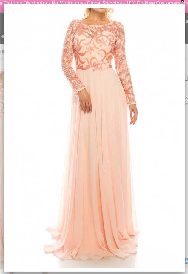 Odrella 1147 Blush Sequined Mesh & Crepe Chiffon Long Evening Gown Odrella