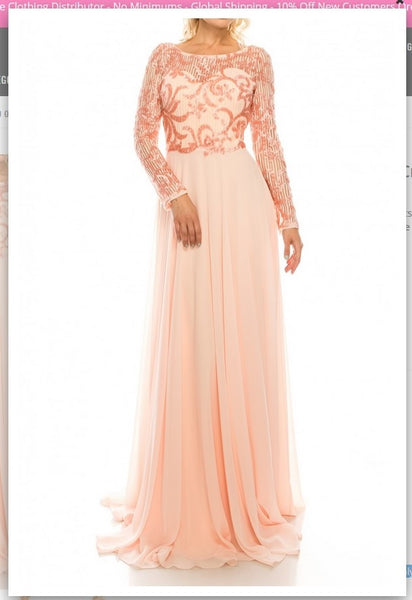 Odrella 1147 Blush Sequined Mesh & Crepe Chiffon Long Evening Gown Odrella