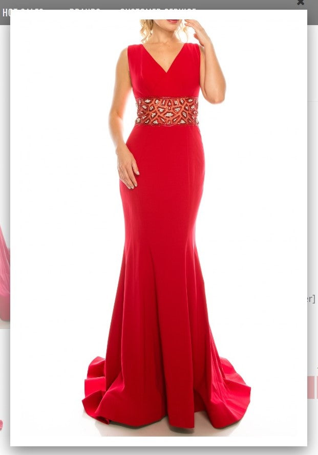 Odrella 1565 Red Crepe Trumpet Gown with Decorated Mesh Waist Odrella