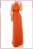 Odrella 1698 Orange Gathered Embellished Halter Evening Dress Ordella