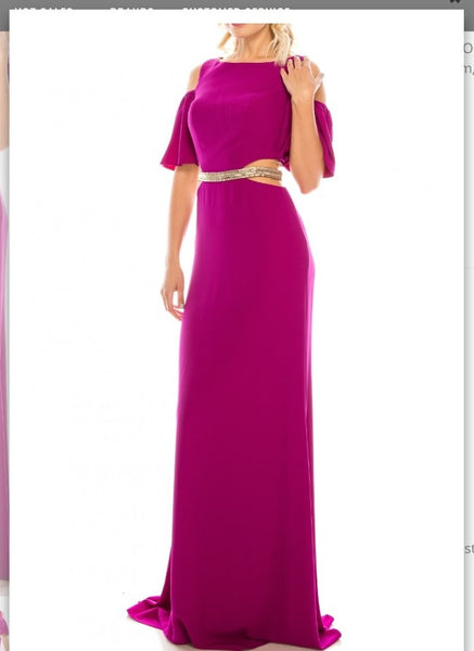 Odrella  4516 Magenta Beaded Cold Shoulder Evening Dress Ordella