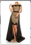 Odrella 4552 Embroidered Mesh Lattice Patterned Sheath Dress with Black Overskirt Odrella