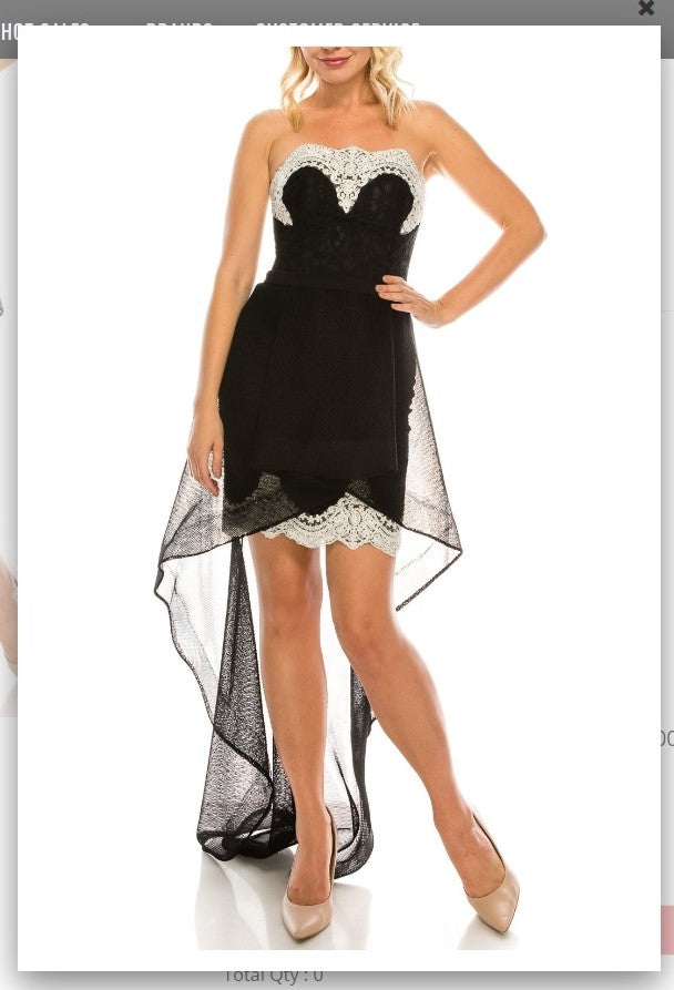 Odrella 4572 Black Embroidered Lace Strapless High Low Evening Dress Odrella