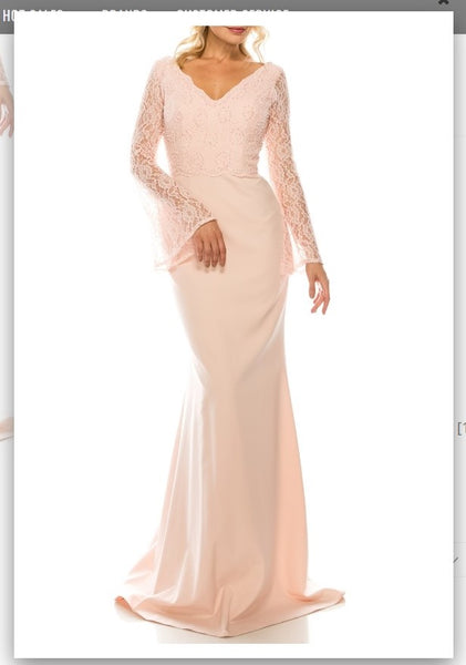Odrella 4619B Pink Beaded Lace & Crepe Sheath Evening Gown Odrella