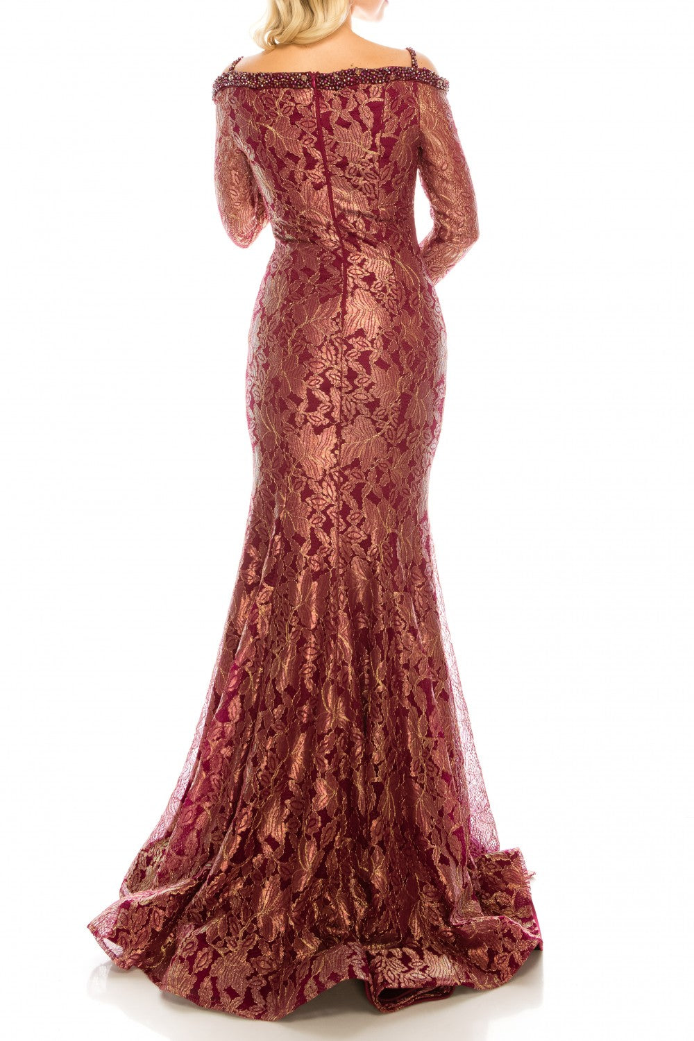 Odrella 1080  Burgundy Metallic Lace Trumpet Evening Dress Odrella