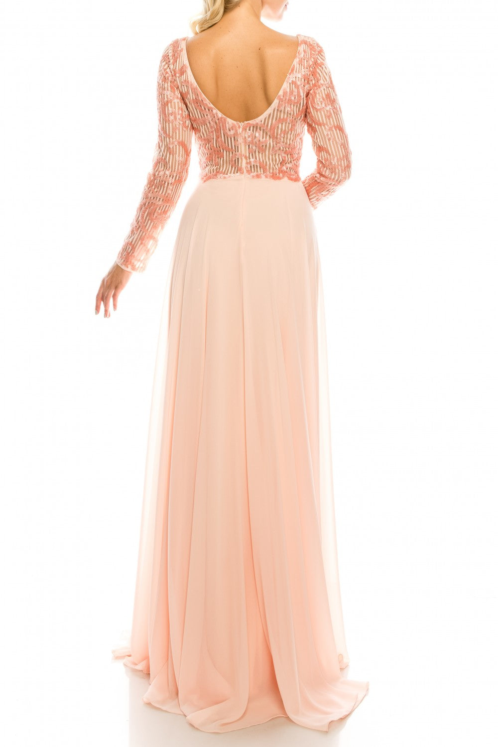 Odrella 1147 Blush Sequined Mesh & Crepe Chiffon Long Evening Gown Odrella