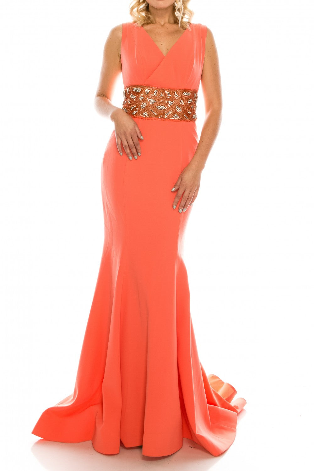 Odrella 1565 Red Crepe Trumpet Gown with Decorated Mesh Waist Odrella