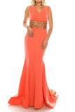 Odrella 1565 Red Crepe Trumpet Gown with Decorated Mesh Waist Odrella