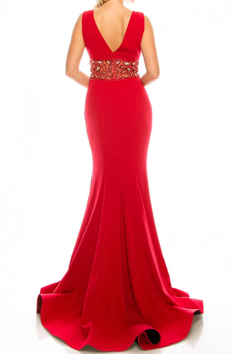 Odrella 1565 Red Crepe Trumpet Gown with Decorated Mesh Waist Odrella