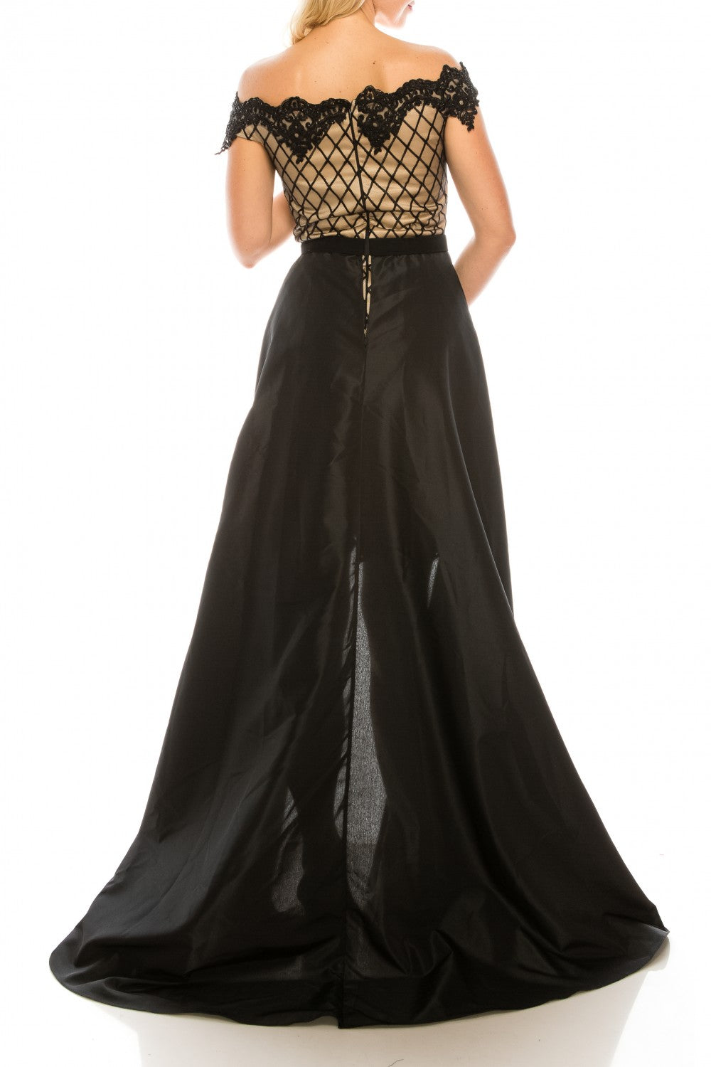 Odrella 4552 Embroidered Mesh Lattice Patterned Sheath Dress with Black Overskirt Odrella