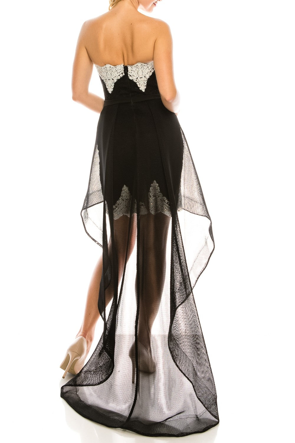 Odrella 4572 Black Embroidered Lace Strapless High Low Evening Dress Odrella