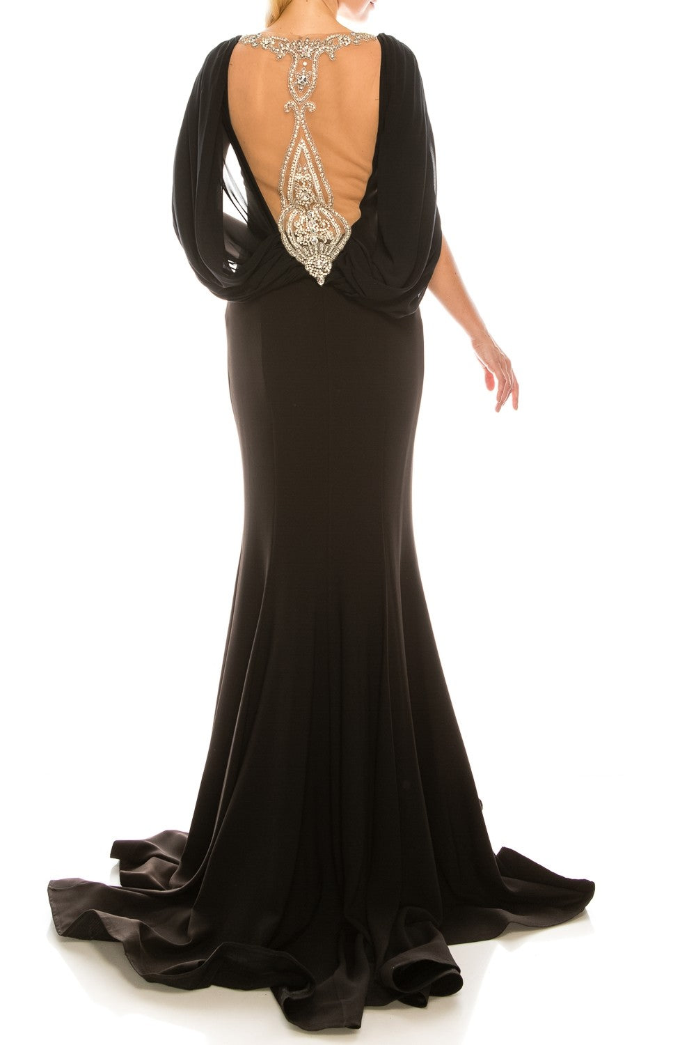 Odrella  6Y2079  Black Cape Mermaid Gown with Embellished Mesh Back Ordella