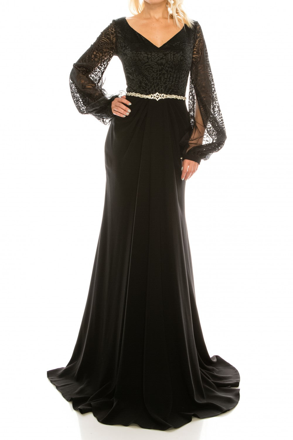 Odrella  7Y1090 Ivory Embroidered Mesh Jacquard & Crepe Evening Gown Odrella